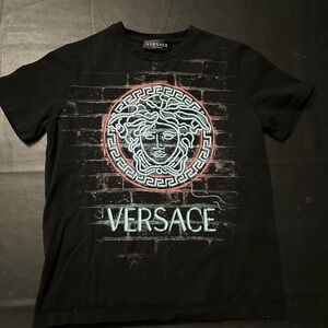 Versace Black Tee with Medusa and Red-Blue Accents